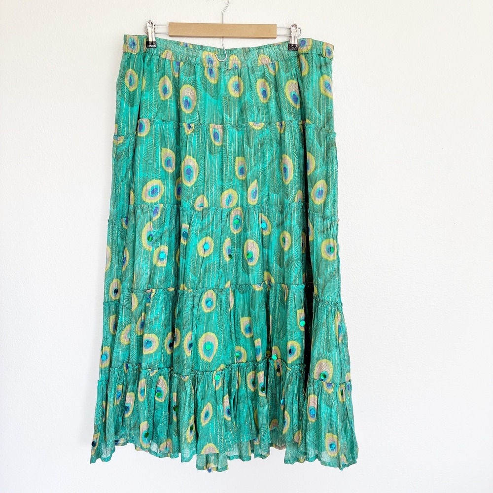 Soft Surroundings Maxi Skirt Womens 2X Green Peacock Metallic Tiered Sequin Boho